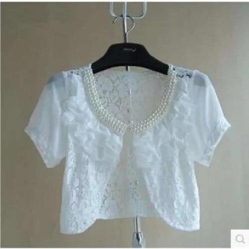 2021 White Women Short Sleeve Beaded Shrug Bolero Lace Wedding Bridal Summer Jacket Elegant Cape Sun Protection Clothing