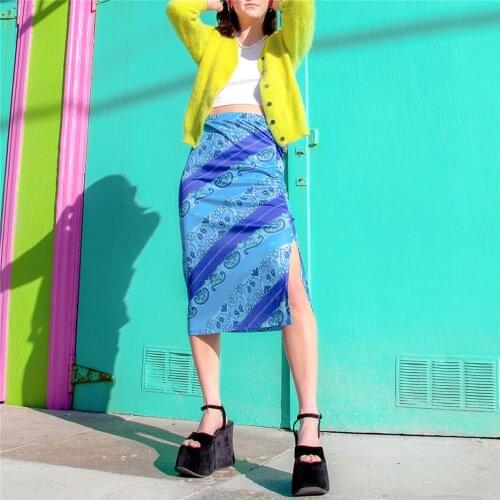 Women Fashion Casual Bohemian Midi Skirt High Waist Slim Fit Vintage Gothic Holiday Blue Floral Print Sundress Girls Beach Style