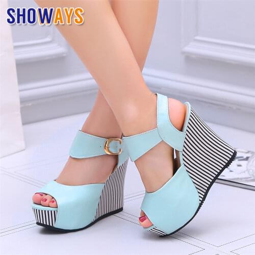 Plus Size Women Platform Wedge Sandals High Thick Heel Black Pink Casual Office Ankle Strap Lady Summer Peep Toe Gladiator Shoes