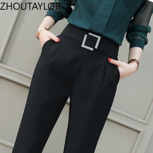ZHOUTAYLOR Woman Pants Button Pockets Full Length Elastic Waist Femme Bottoms Office Lady Autumn New Harem Trousers Female