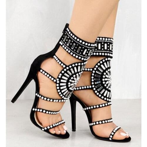 Hot Selling Women Fashion Open Toe Rhinestone Design High Heel Sandals Cut-out Crystal Ankle Wrap Gladiator Sandals