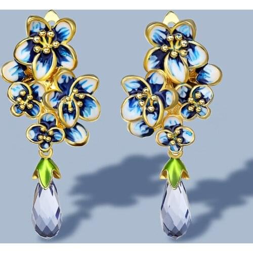 New Silver Earrings For Women 925 Sterling Silver Gold Color Exquisite Flowers Drop Earrings Fine Jewelry Handmade Enamel