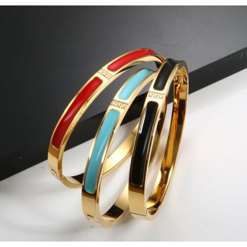 Fashion Women Enamel Bangle Bracelet CNC CZ Crystal Gold with Black Red Blue Colorful Bangle Bracelet For Women Jewelry Gift