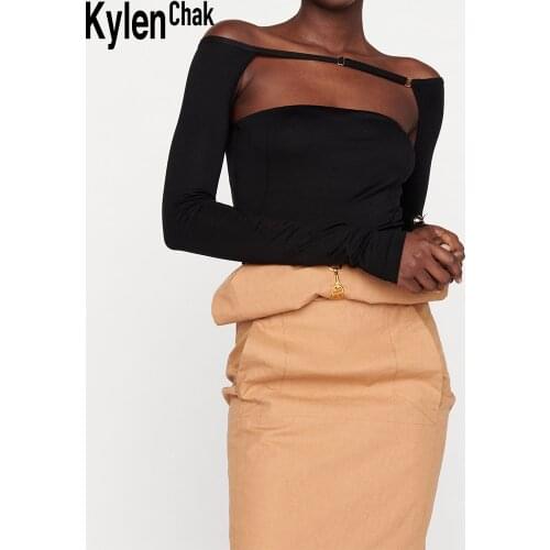 Sexy Pure Color Hollow Stitching Elastic Band One Shoulder Long Sleeve Tube Top Tight-Fitting Base 2021 Fall Womens Streetwear