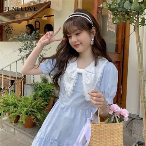 JuneLove Summer Korean Kawaii Clothes Women Puff Sleeve V-neck Sweet Cute Mini Dress Patchwork A-line Bowknot Lace Sundress 2021