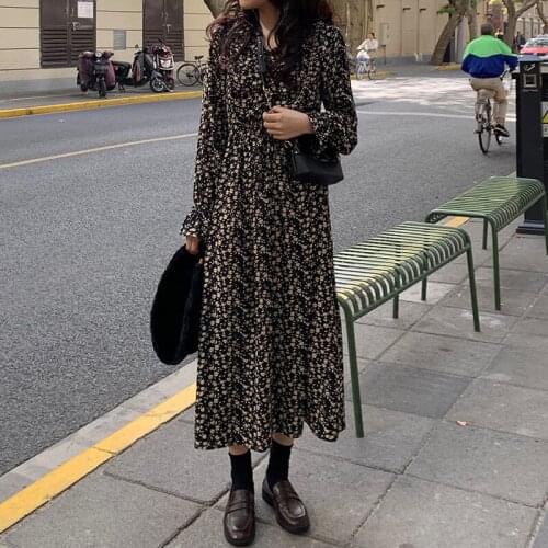 Elegant Floral Print Women Autumn Casual Dress Sexy V-neck Full Sleeve Female Long Dresses 2021 Spring Chiffon Vestidos Y561