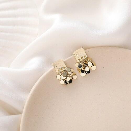 2020 Korean Version of Metal Square Sequins Tassel Earrings Wheat Ear Brushed Wild Commuter Small Earrings