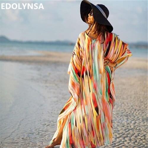 2021 Bohemian Printed Summer Beach Dress Chiffon Tunic Women Beachwear Cover-ups Loose Kaftan Maxi Dress Robe Sarong plage N765