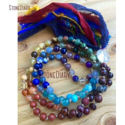 6mm Petite Chakra Mala Beads Silk Sari Tassel 108 Mix Stone Necklace Crystal Guru Balance 7 Chakra Healing Mala Beads NM11109