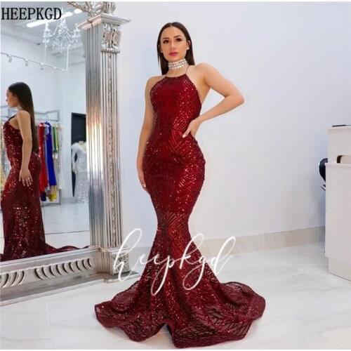 Shiny Burgundy Sequin Mermaid Long Evening Dress Halter Backless Sexy Prom Party Gowns New Design Women Pageant Dresses