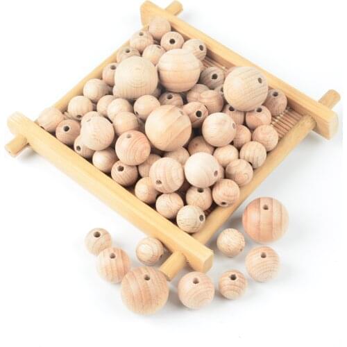 50pcs Wooden Beads Baby Teether Teething Beads 12/15/20mm Natural Ball Round Necklace Accessories Jewelry Making