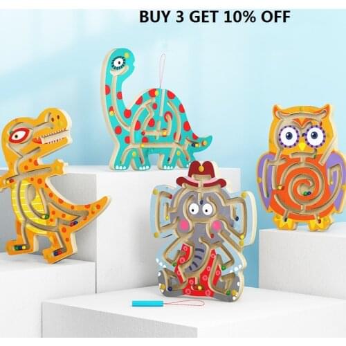 Kids Wooden Educational Montessori Toys Magnetic Animal Maze Puzzle Walking Beads Dinosaur Labyrinth Children Early Learning Toy