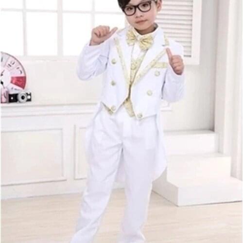 Children Chorus Conductor Mens Small Suit Black and White Tuxedo Host Piano Ballet Performance Costumes Five-piece Suit