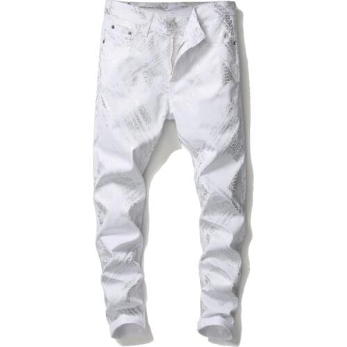 New Mens male silver snake skin printed white jeans Fashion slim fit stretch denim pants trousers