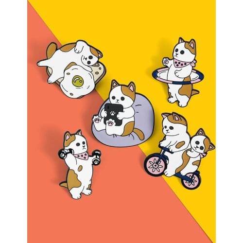 Fitness cat enamel pin custom cat egg bicycle dumbbell hula hoop brooch bag lapel pin cartoon badge for kids friends accessories