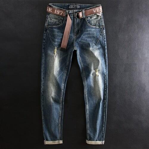 European Vintage Fashion Men Jeans Retro Blue Spliced Designer Slim Ripped Jeans Men Elastic Hip Hop Casual Cotton Denim Pants