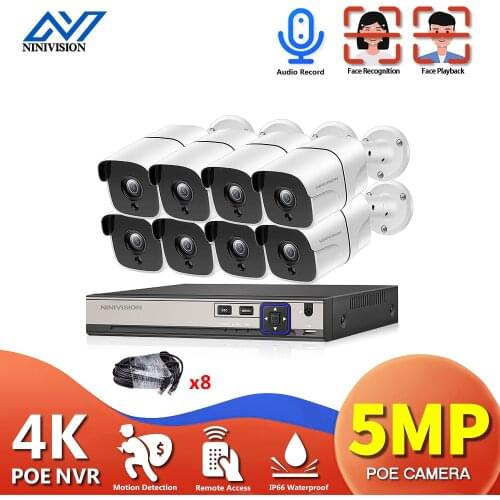 Face capture 8 pcs POE IP Camera 5MP 8 Channel POE Audio AI Human record NVR Home Security CCTV System P2P Kits With 8*20m Cable