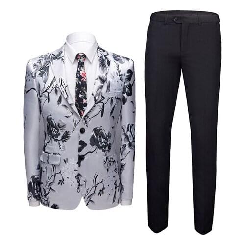 Groom Suit Modern Cotton Floral Jacquard Men\s Formal Wear 2 Pcs