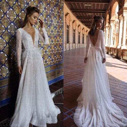 2021 Lace Wedding Dresses Sexy Deep V Neck Applique Sequins A-Line Bridal Gowns Open Back Sweep Train Wedding Dress Robe