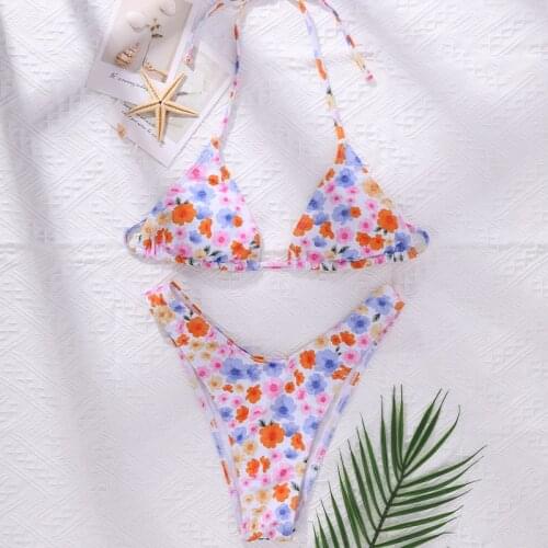 Storyever Summer Flower Print Split Swimsuit Beach Sexy DeepV Women Swimwear Halter Bandage Leaky Back Bikini Set