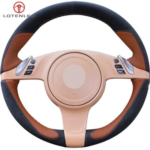 LQTENLEO Black Suede Brown Leather Car Steering Wheel Cover For Porsche Cayenne 2010-2014 Panamera Cayman 2010-2016 911 Boxster