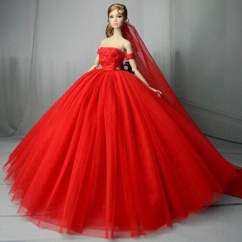 Fashion Red Wedding Dress for Barbie Dolls Evening Party Gown Clothes Wears Long Dress Outfits With Veil 1/6 Doll Accessories