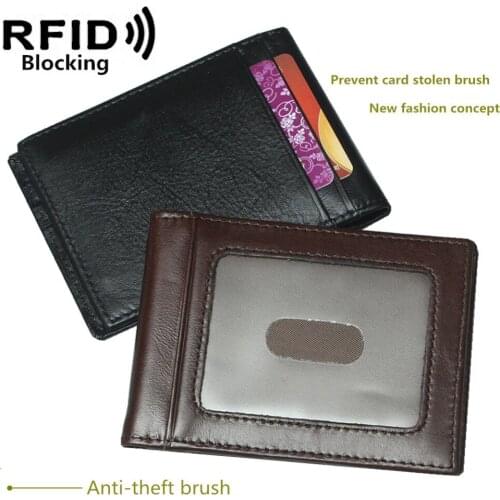 Fashion New Men Short Money Clips genuine Leather 2 folded Open Clamp For clutch wallets Slim Antimagnetic lining RFID BLOCK