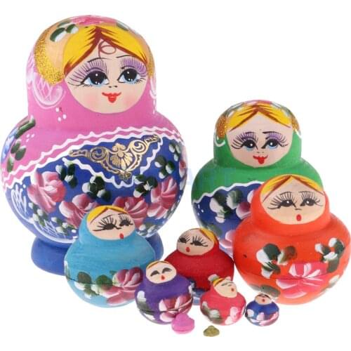 Set of 10pcs Chromatic Wooden Russian Nesting Doll Babushka Matryoshka Stacking Dolls Set Birthday Gift Festival Ornament
