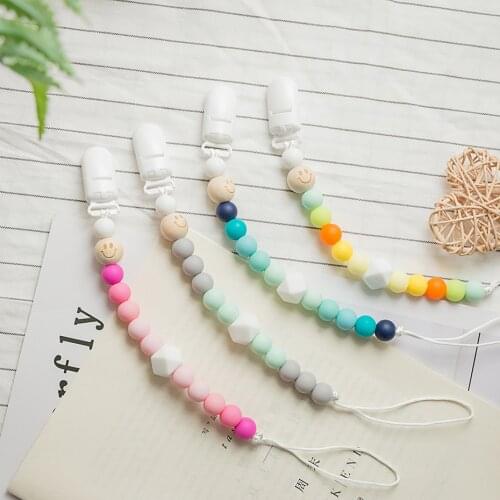 Food Grade Wooden Teether Dummy Clip Chain 1PC Crib Toy Newborn Gift Silicone Beads Baby Silicone Teether Chew Beads BPA Fre