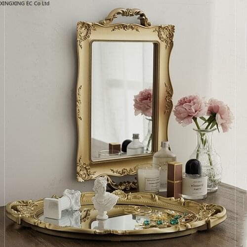 Retro Mirror Tray European Creative Carved Ornaments Living Room Home Decoration Crafts Makeup Storage Tray Display Tray