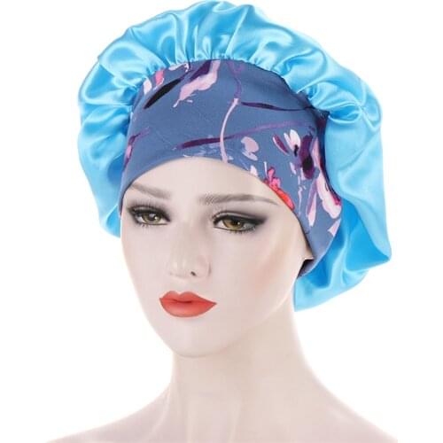 Popular New Satin Bonnets Hair Caps Women Floral Wide Elastic Band Soft Silky Headwrap Ladies Hair Cover Night Sleeping Cap 2021