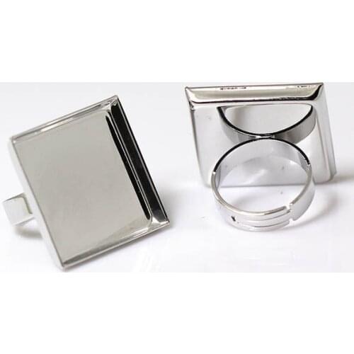 Blank Ring Bases with Square Deep Tray Glass Cabochons Adjustable Rings Settings DIY Jewelry Findings Rhodium tone Plated