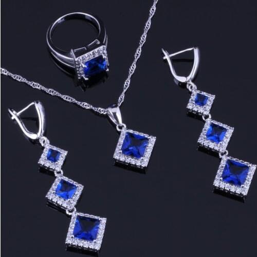 Sublime Square Blue Cubic Zirconia White CZ Silver Plated Jewelry Sets Earrings Pendant Chain Ring V0260