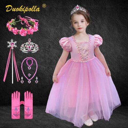 Girls Rapunzel Dress Carnival Princess Peach Costume Aurora Pink Puff Sleeve Dresses for Party and Wedding Children Prom Gown