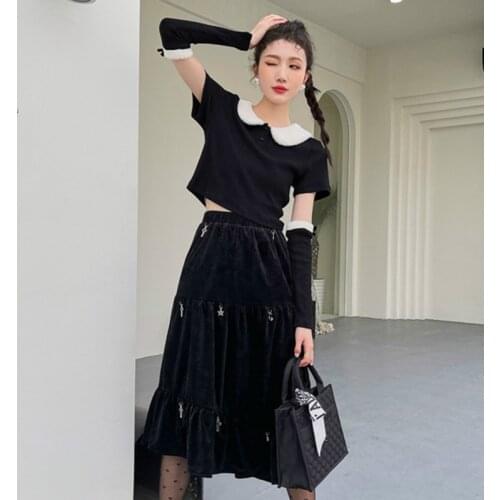 Black Punk Style Skirt Womens High Waist 2021 New Spring Autumn Korean Versatile Velvet Skirts Female Casual C549
