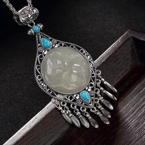 2018 Direct Selling Sale Accented S925 Pure Natural Hetian Mosaic Turquoise Tassel Lady Sweater Chain Pendant Wholesale
