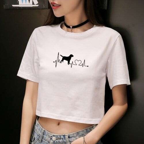 Women Fashion 2020 DOG Heart Print Kawaii T-shirt Female Summer Casual Crop Top Korean Short Sleeve O-neck Ladies Cotton Tops