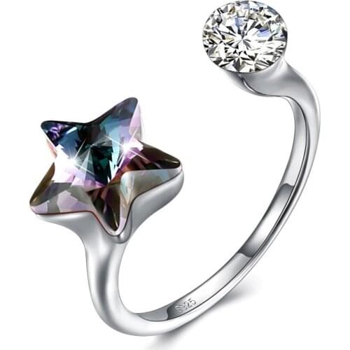 S925 Silver Party Rings With Brand Crystal Fine Rings Jewelry 925 Sterling Silver Rings Women Blue Star Lady Finger Wears Open
