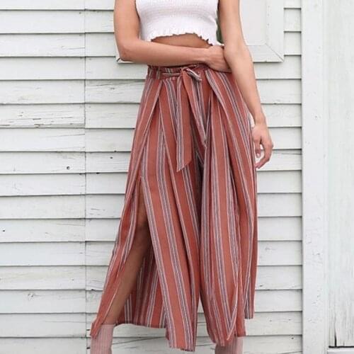 Split Striped Lady Wide Leg Pant Women Summer Beach High Waist Trousers Chic Streetwear Sash Casual Pant CaprisFemale