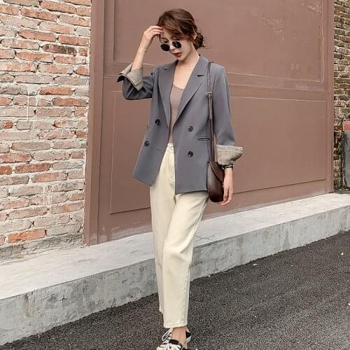 Women Autumn Fashion Long Sleeve Double Breasted Slim Blazer Solid Office Lady Casual High Street Outwear Jacket Coat
