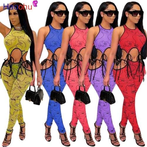 HAOOHU Women Set Bandage Print Sleeveless O-neck Crop Tops Sheath Elastic Drawstring Ankle-length Pants 2 Piece Set Summer 2021