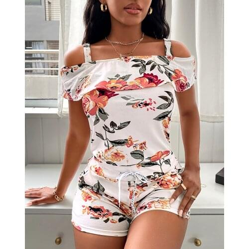 2021 Summer Casual Cold Shoulder Floral Print Short Sleeve Top Daily Wear High Waist Bodycon Drawstring Two Piece Set Women