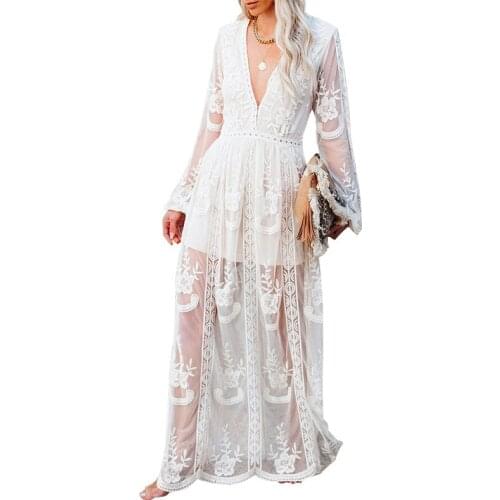 2021 New Womens Clothing Lace Dress Long-sleeve V-neck Hollow Out Floor Length Beach Dress V-neck Embroidery White Maxi Dress