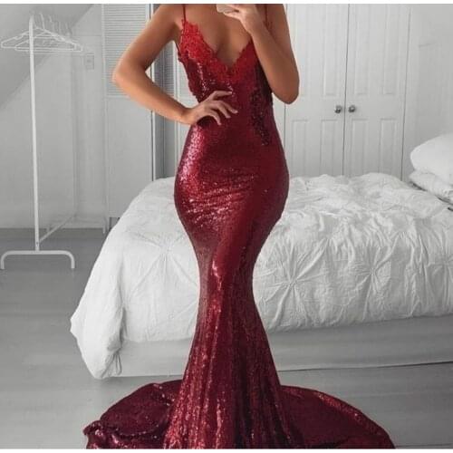 Sexy Deep V-Neck Mermaid Lace Evening Dresses Spaghetti Strap Floor Length Open Back Abendkleider Formal Party Dress for Women