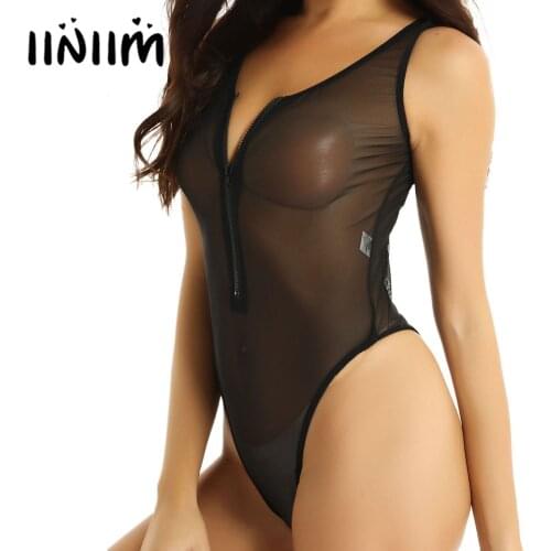 Womens See Through Sheer Mesh Lingerie Erotic Costume Deep U-neck Sleeveless Front Zippered High Cut Teddy Babydoll Bodysuit