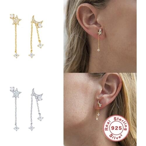 Aide 925 Sterling Silver Trendy Exquisite Star Moon Long Tassel Dangle Drop Earrings For Women Crystal Pendant Earring Jewelry
