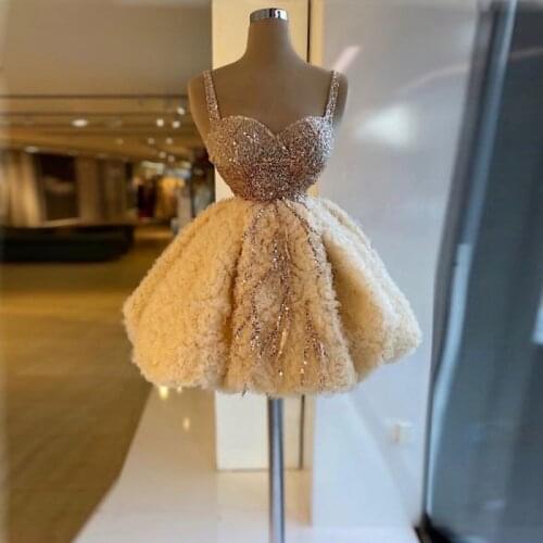 Champagne Ruffles Tulle Cocktail Dresses Spaghetti Sequins Beaded Short Prom Dress Zipper Back Formal Party Dress