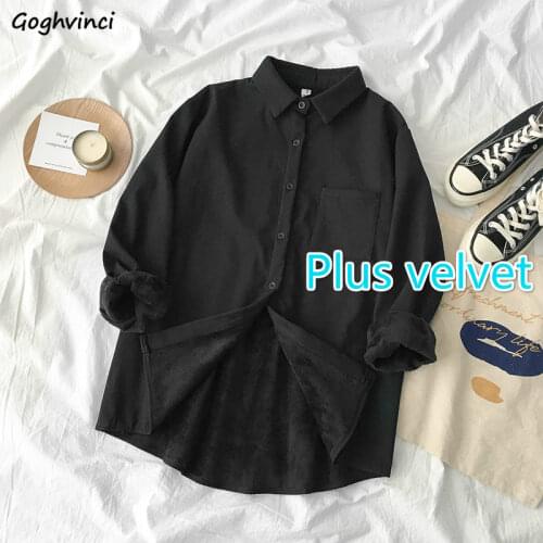 Blouses Women Plus Velvet Solid Shirts Korean Style All-match Warm Oversize 4XL Pocket Simple Breathable Daily Casual Streetwear