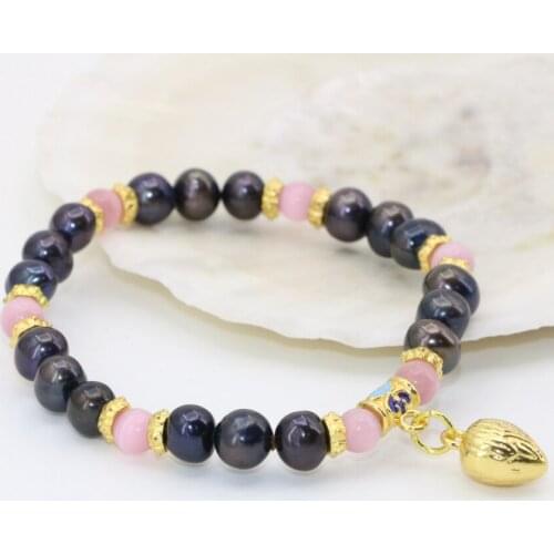Wholesale price new design 7-8mm natural black pearl pink cat eyes round beads beaded bracelets high grade jewelry 7.5inch B2800