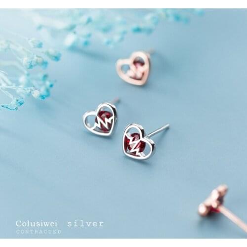 COLUSIWEI Romantic 925 Sterling Silver Simple Heart Stud Earrings for Women Elegant Red CZ Ear Pin Fashion Jewelry Brincos Gift